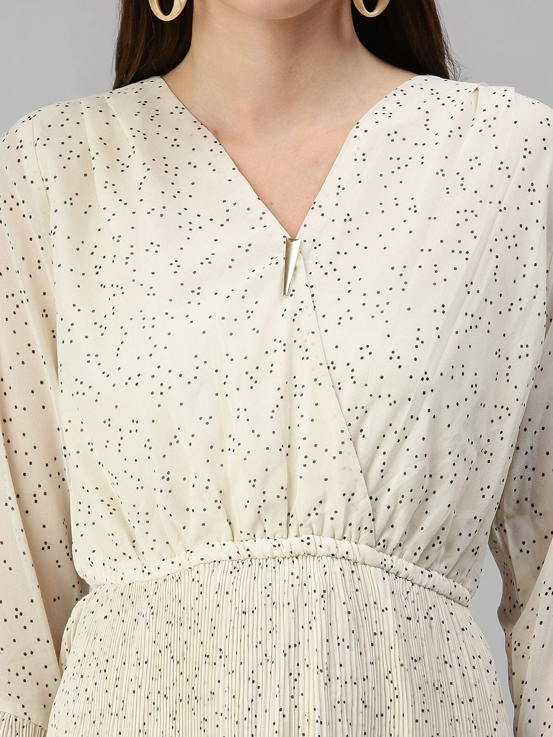 Women's V-Neck Printed Fit and Flare Cream Dress