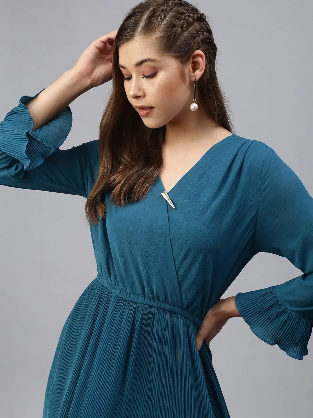 Women's V-Neck Solid Fit and Flare Teal Dress