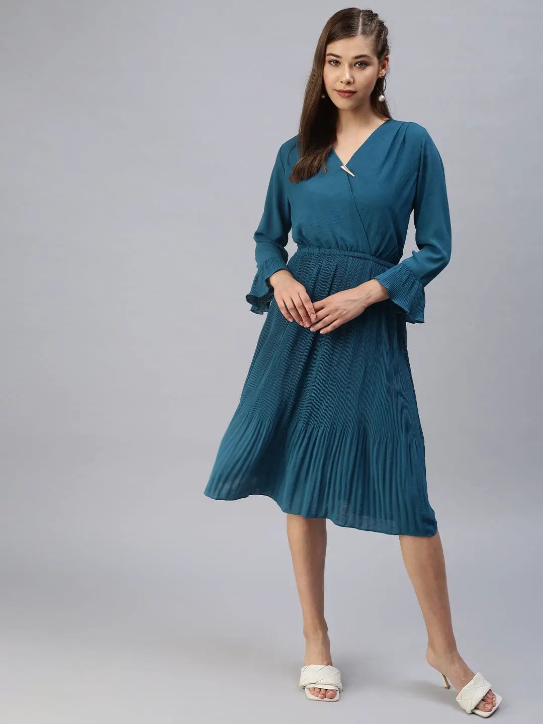 Women's V-Neck Solid Fit and Flare Teal Dress