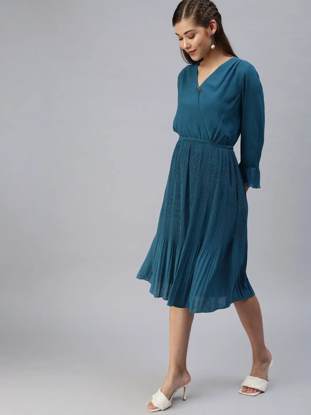 Women's V-Neck Solid Fit and Flare Teal Dress