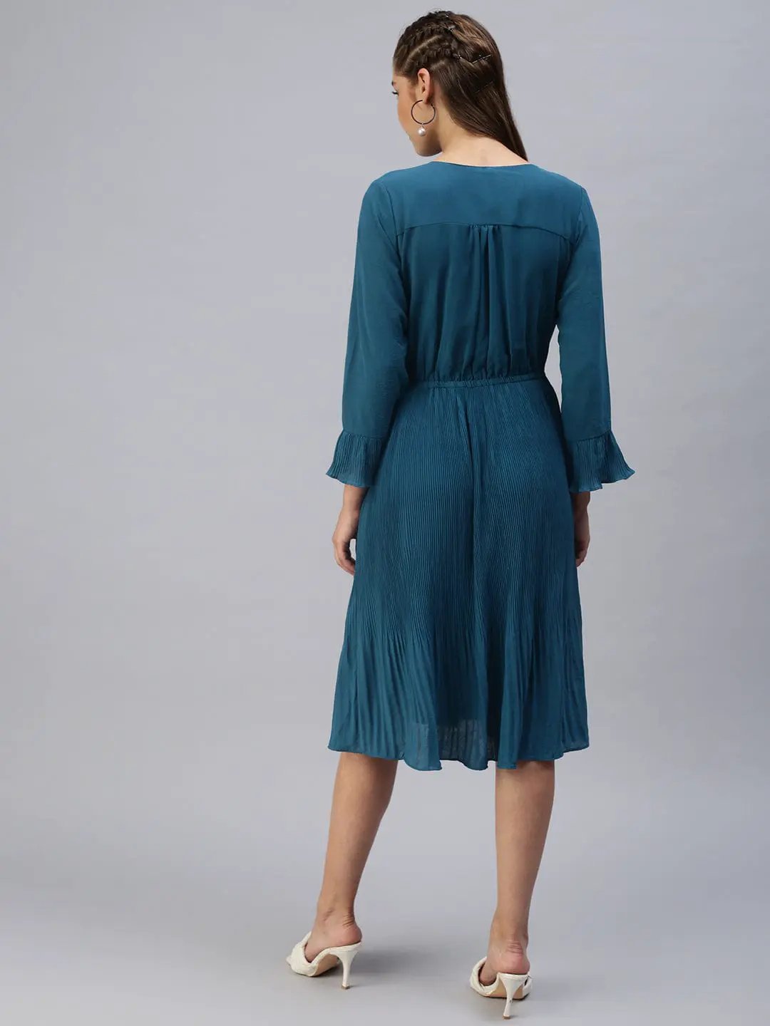 Women's V-Neck Solid Fit and Flare Teal Dress