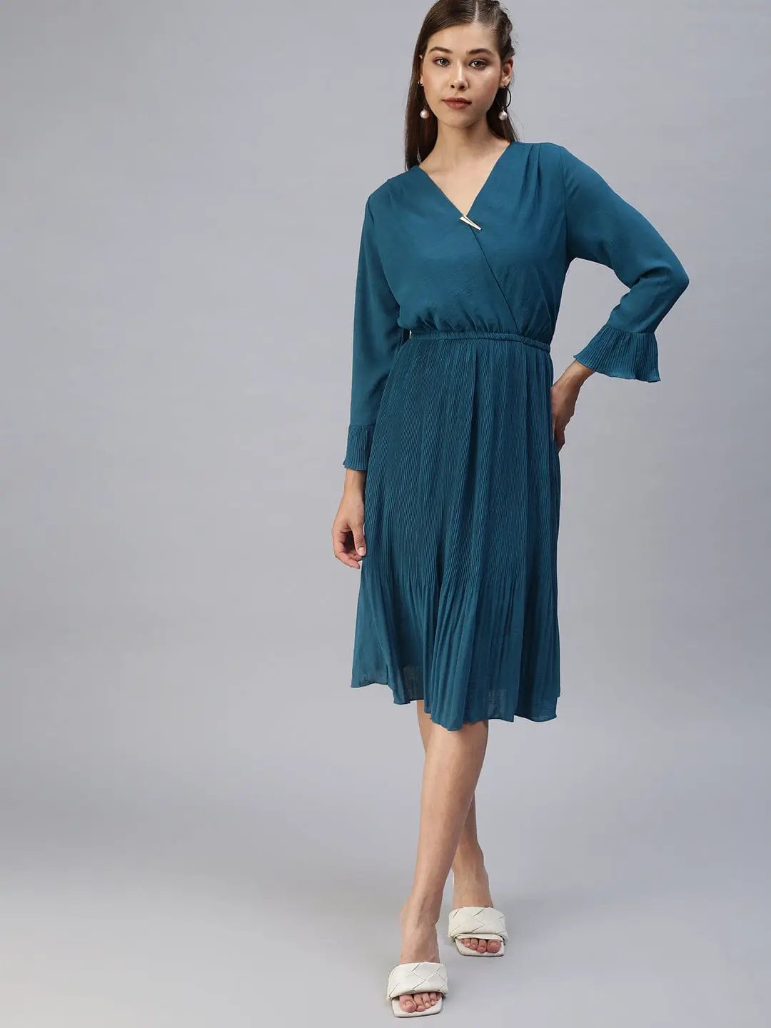 Women's V-Neck Solid Fit and Flare Teal Dress