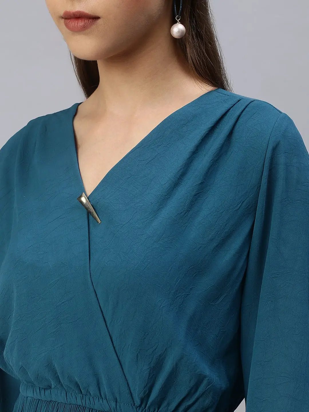 Women's V-Neck Solid Fit and Flare Teal Dress
