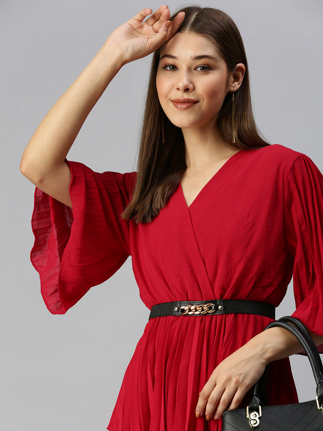 Women V-Neck Solid Red Peplum Top