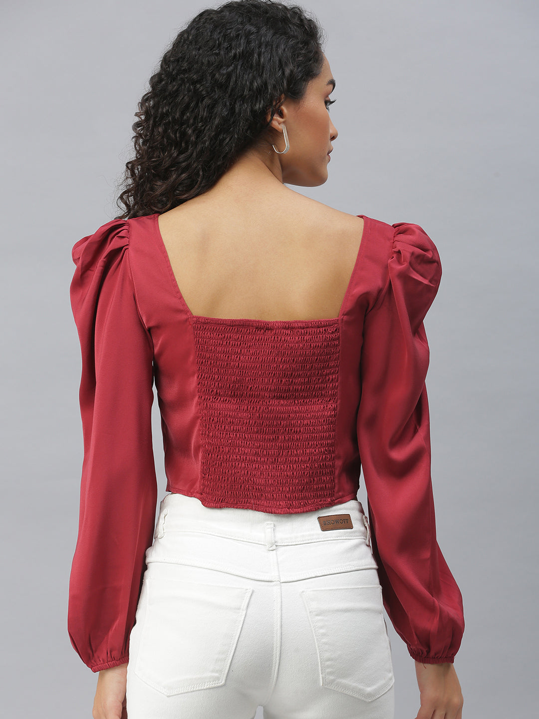 Women V-Neck Solid Maroon Fitted Top