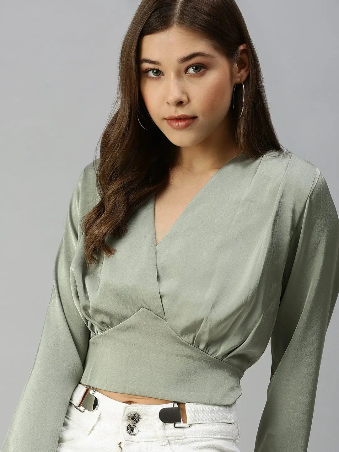 Women's V-Neck Solid Green Cinched Waist Top
