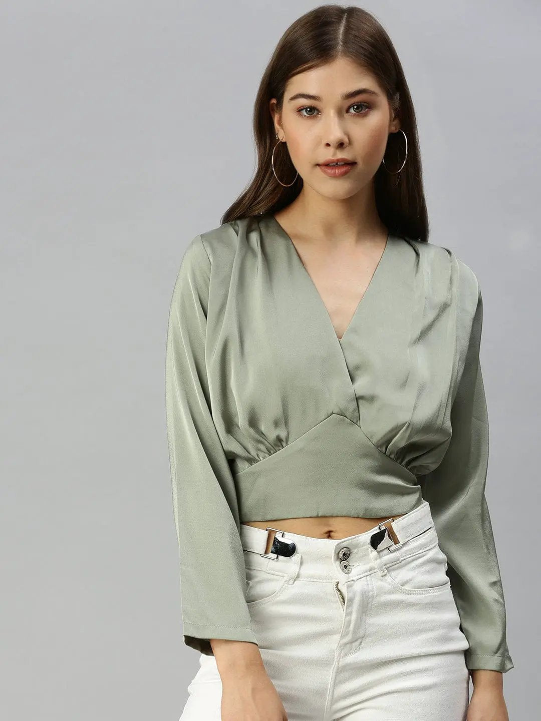 Women's V-Neck Solid Green Cinched Waist Top