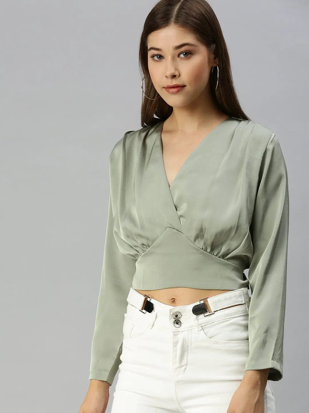 Women's V-Neck Solid Green Cinched Waist Top