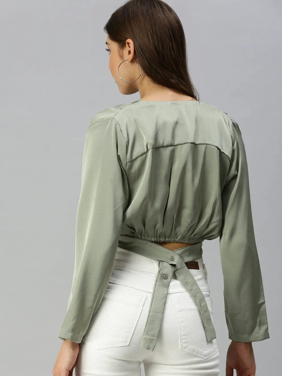 Women's V-Neck Solid Green Cinched Waist Top