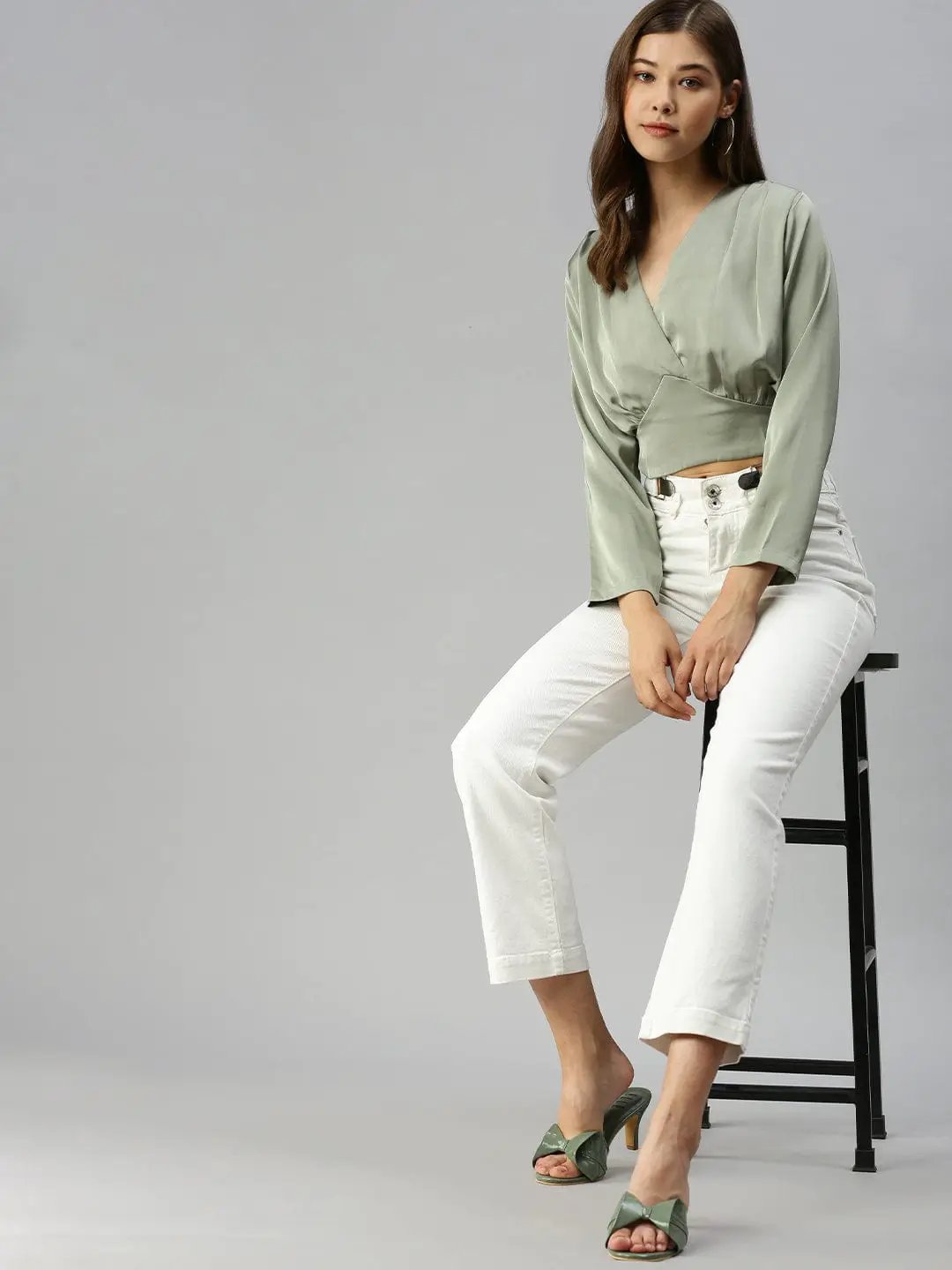 Women's V-Neck Solid Green Cinched Waist Top