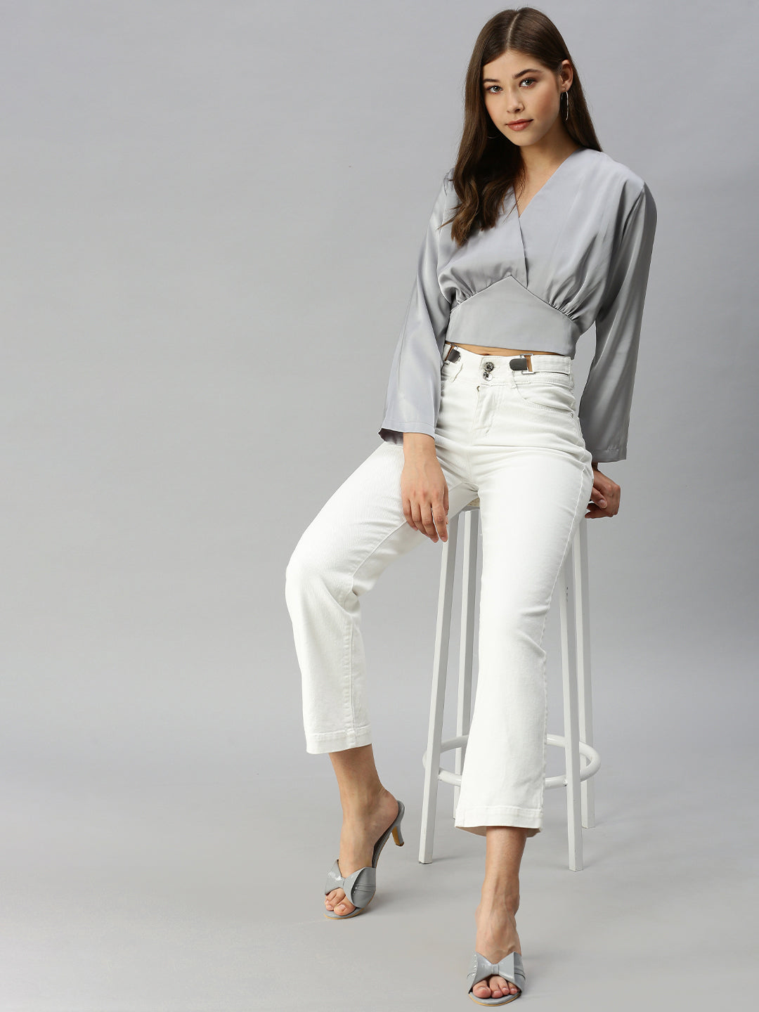 Women V-Neck Solid Grey Cinched Waist Top