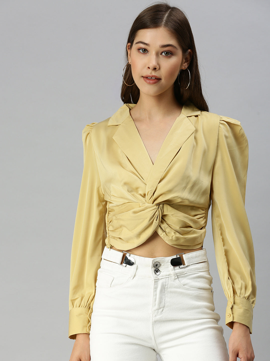 Women V-Neck Solid Yellow Fitted Top