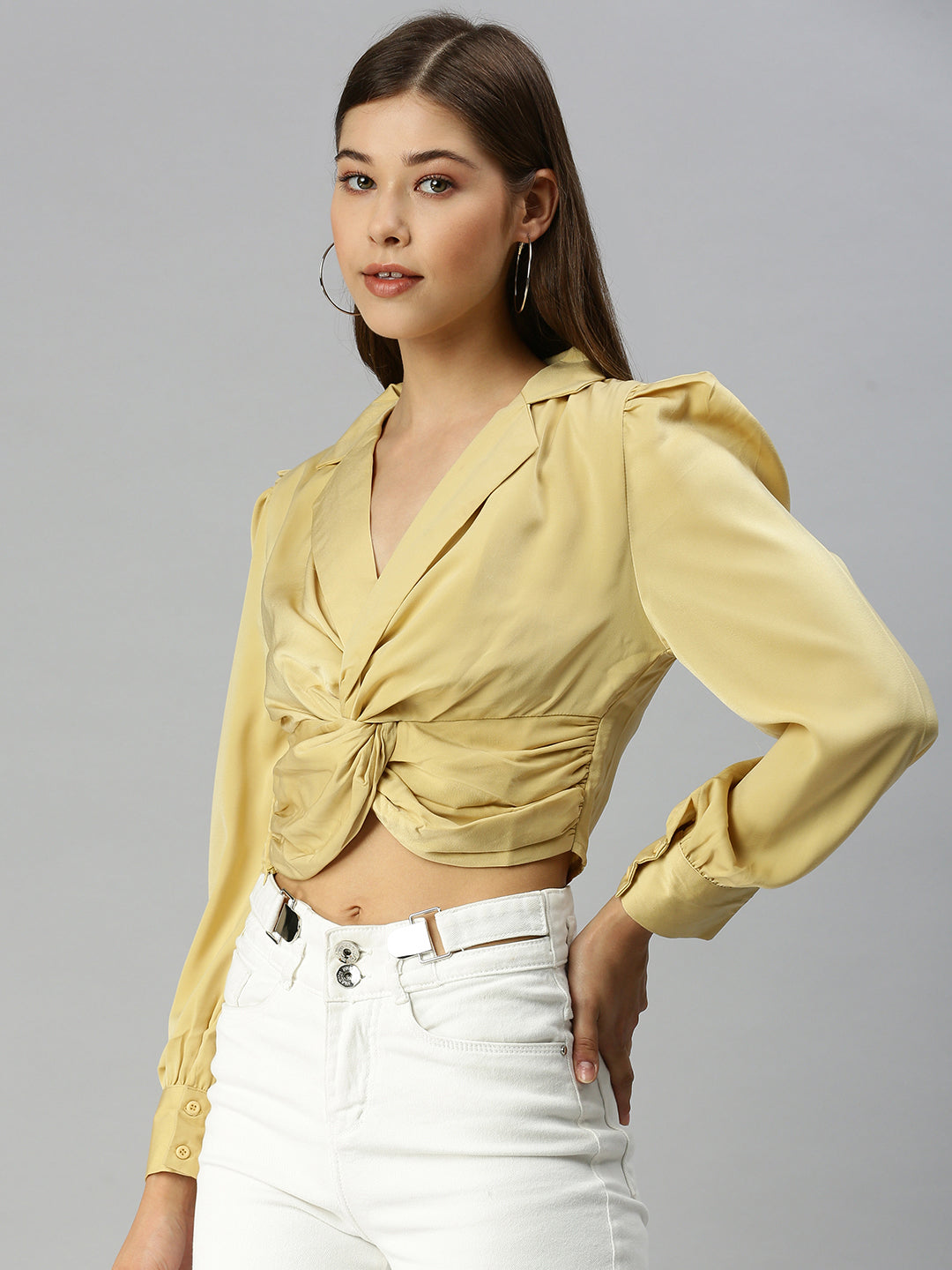 Women V-Neck Solid Yellow Fitted Top