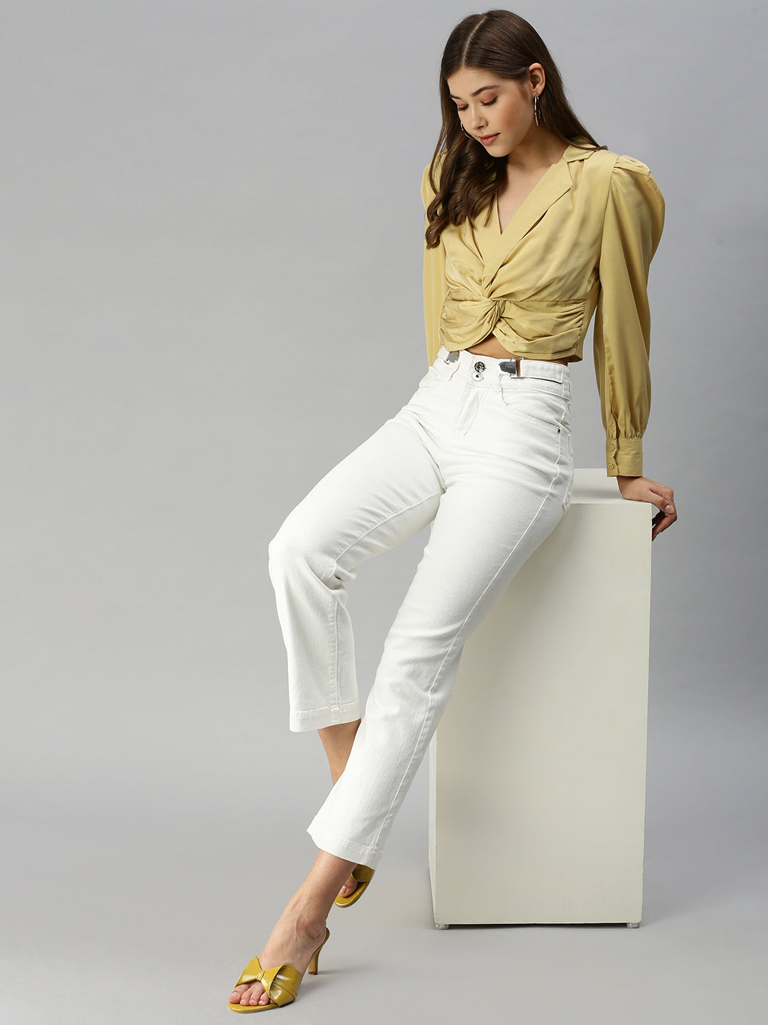 Women V-Neck Solid Yellow Fitted Top