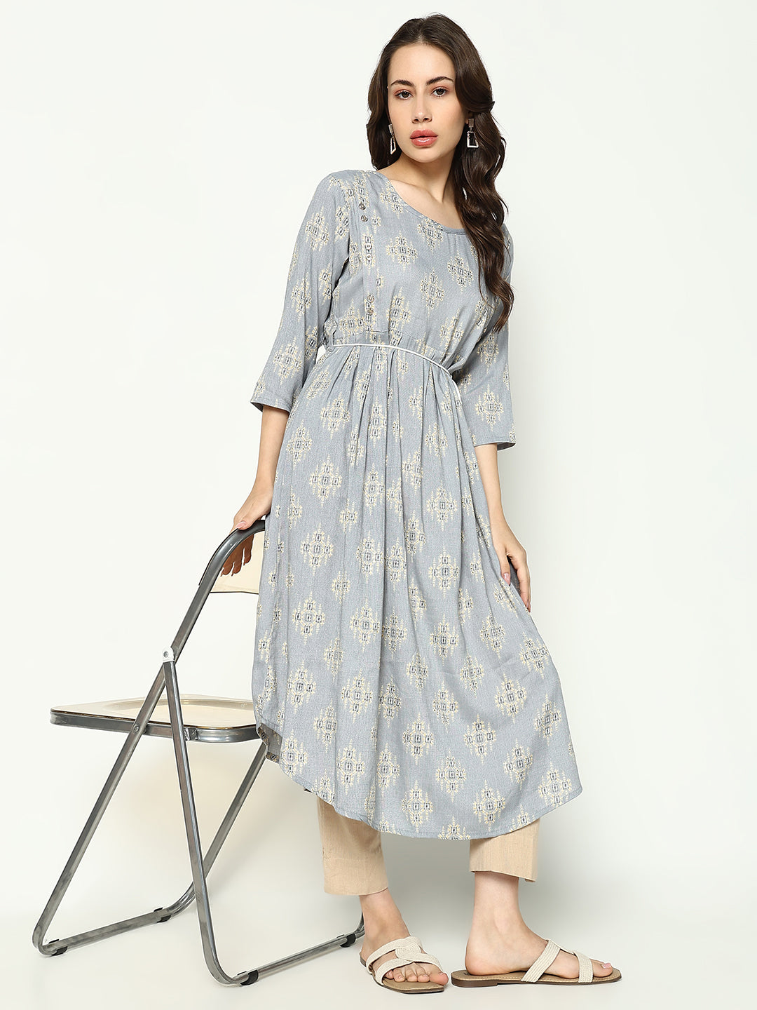 Women Printed Empire Grey Kurta