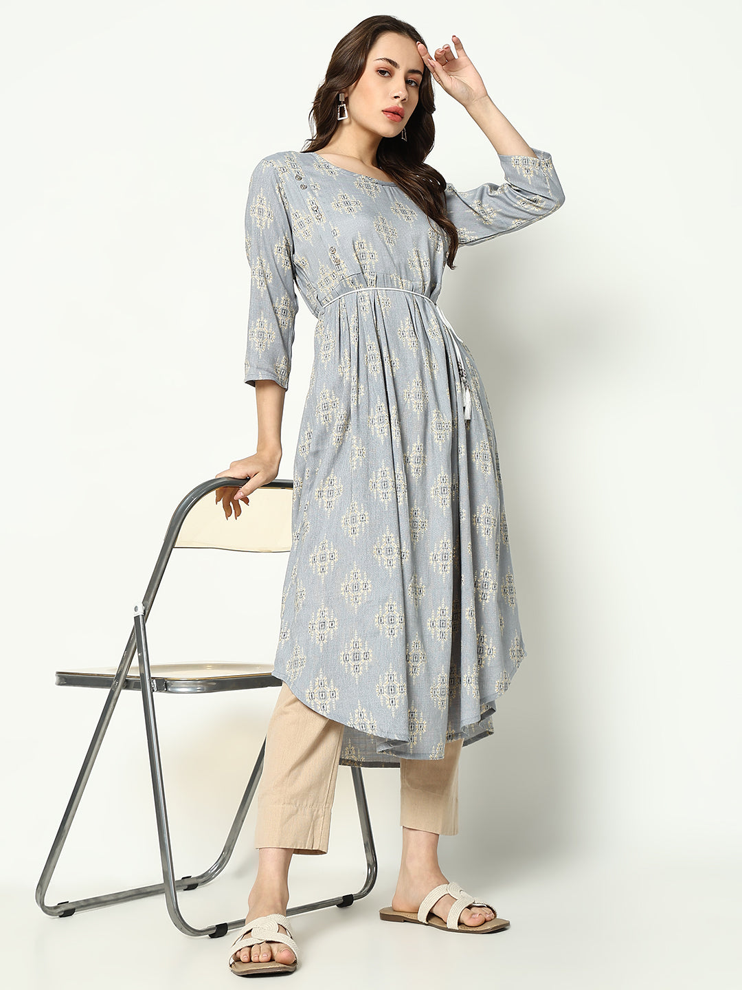 Women Printed Empire Grey Kurta