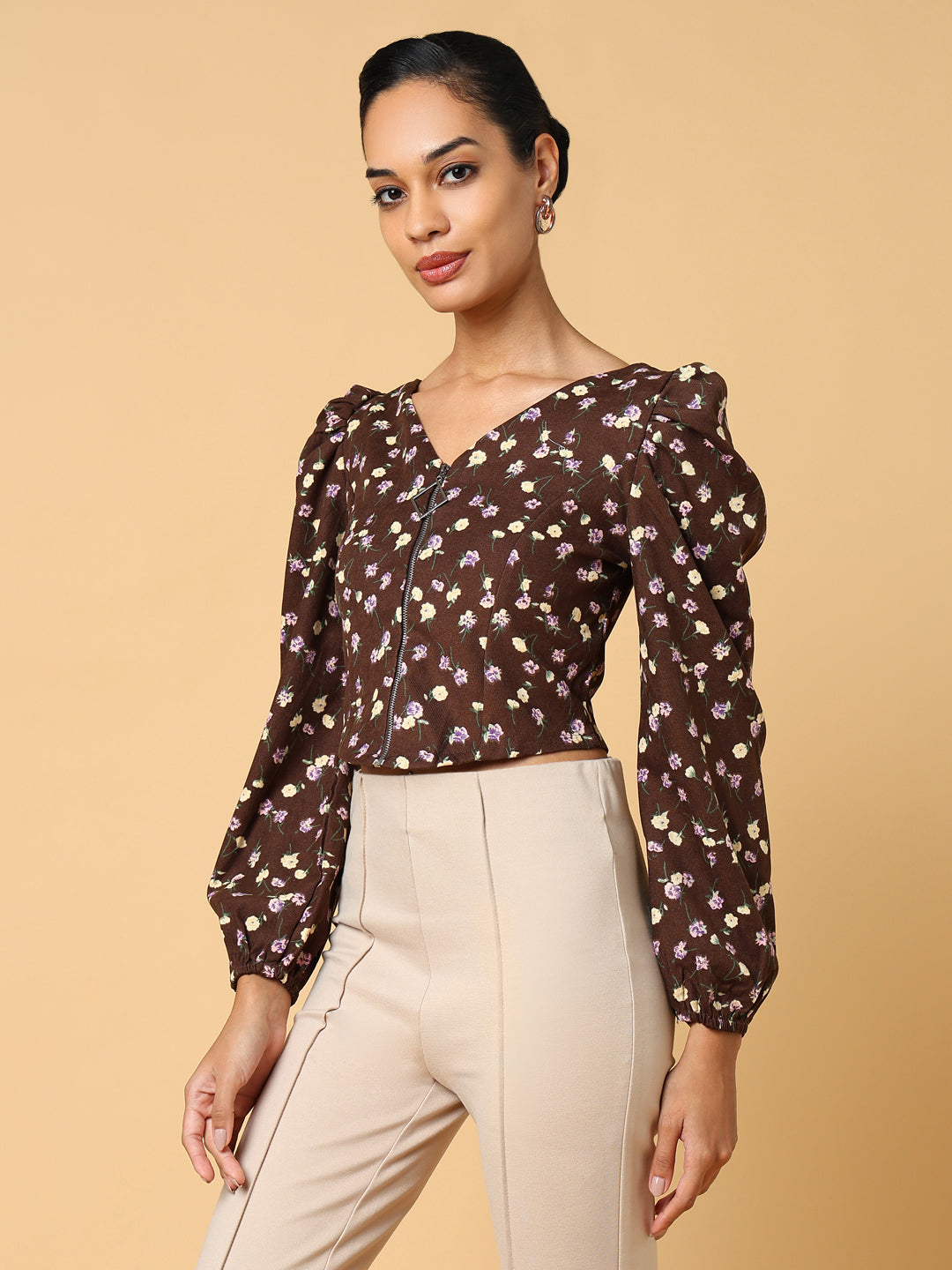 Women Brown Floral Crop Top