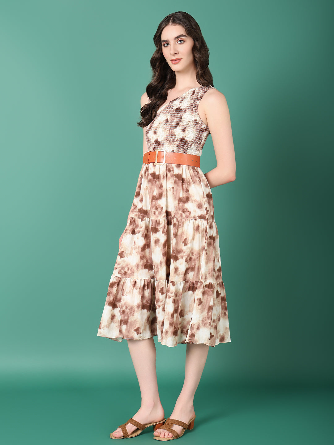 Women Brown Dyed Fit and Flare Dress With Belt