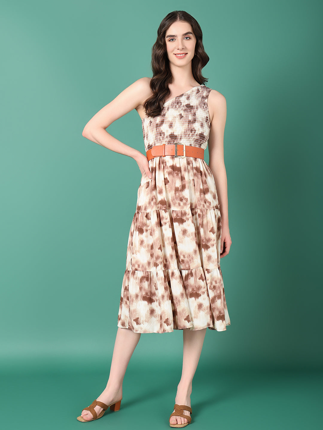 Women Brown Dyed Fit and Flare Dress With Belt