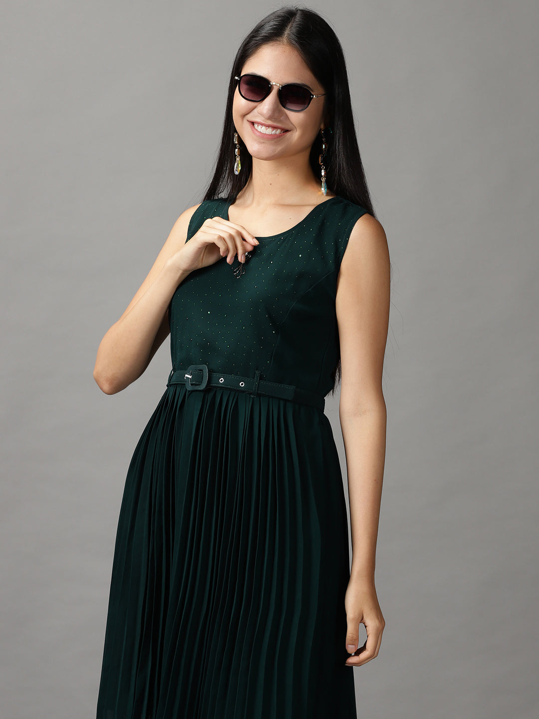 Women Solid Fit and Flare Green Dress