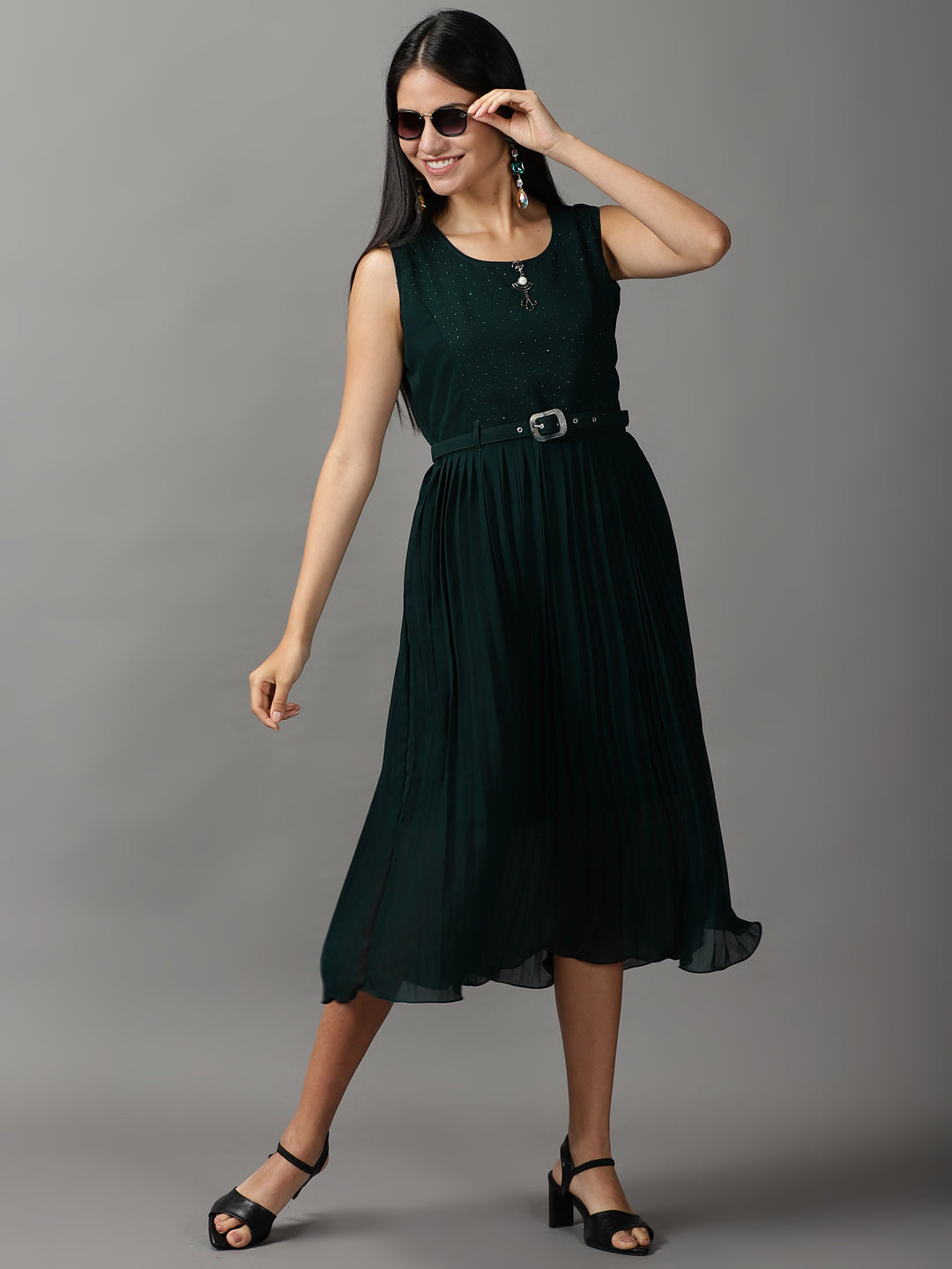 Women Solid Fit and Flare Green Dress