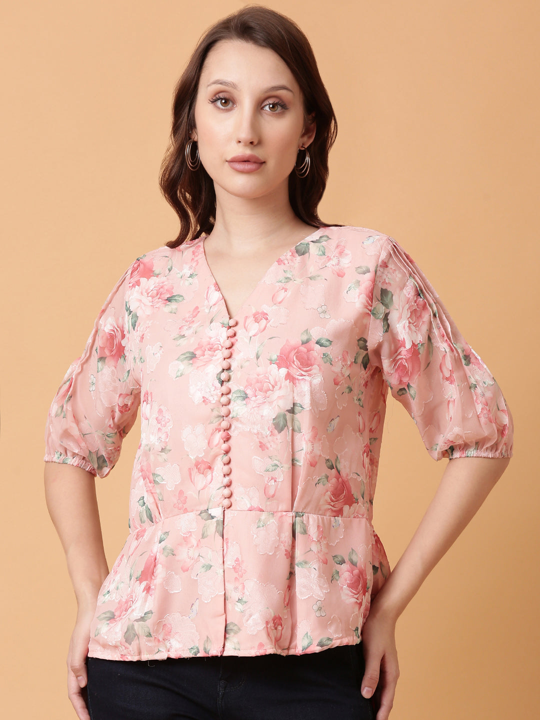 Women Pink Floral Peplum Top