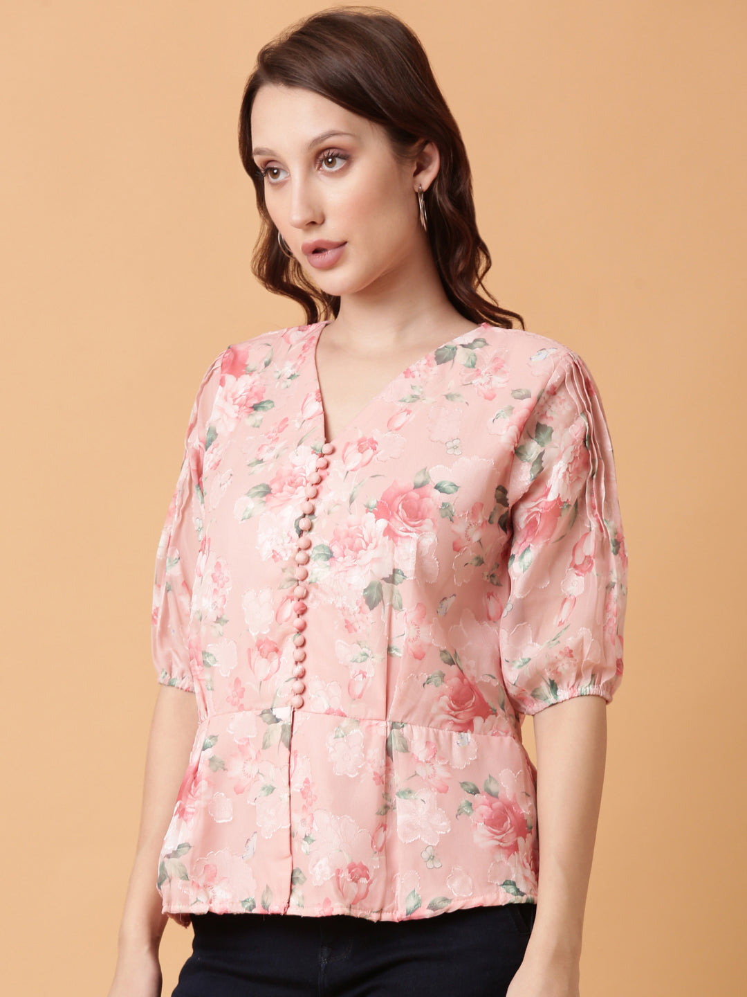 Women Pink Floral Peplum Top