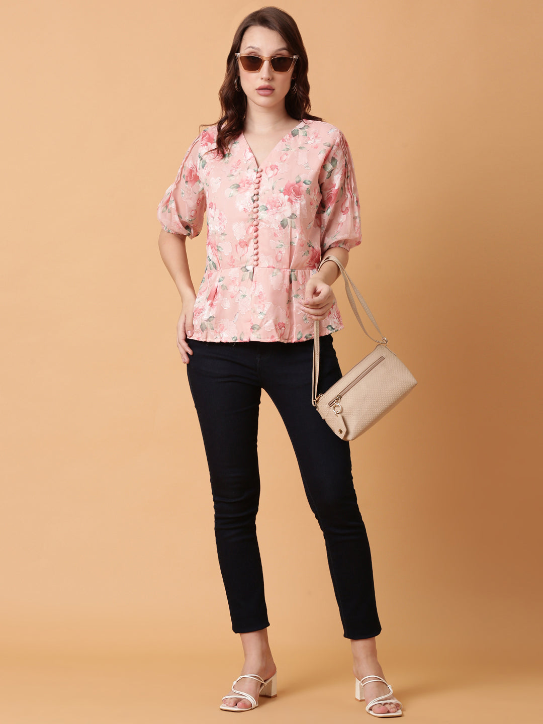 Women Pink Floral Peplum Top