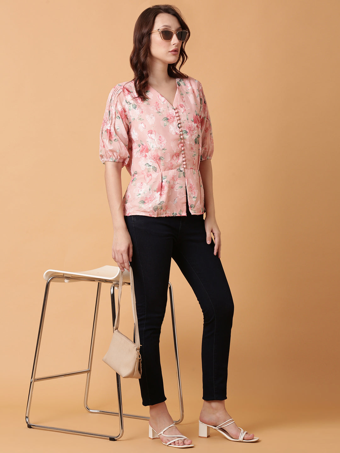 Women Pink Floral Peplum Top