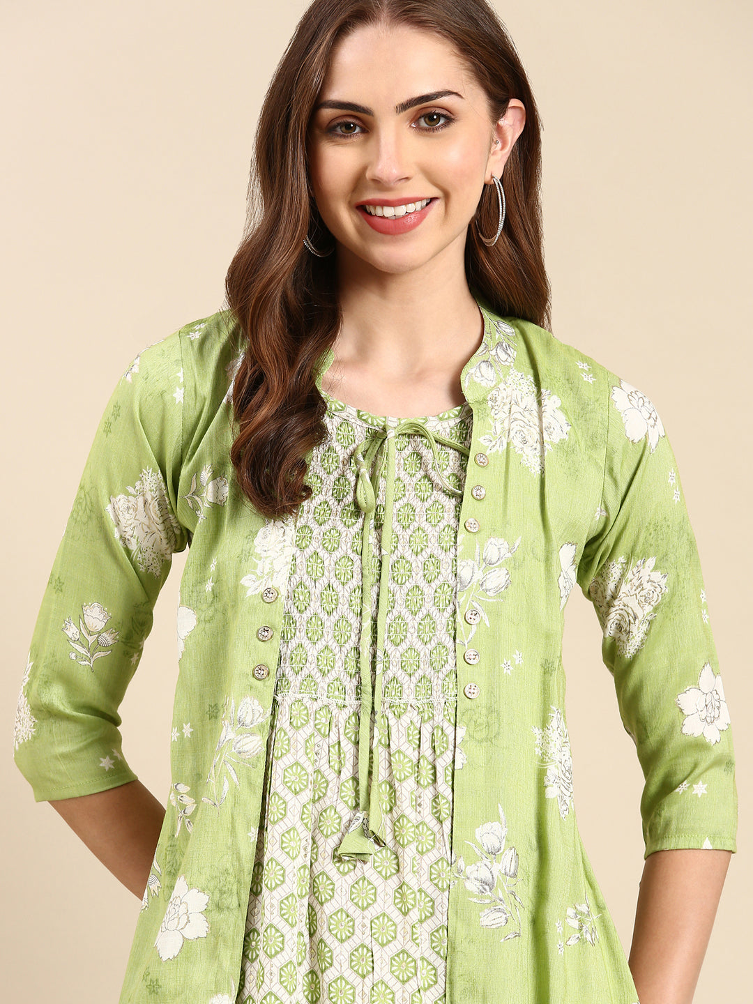 Women Mandarin Collar Printed Green Anarkali Kurta