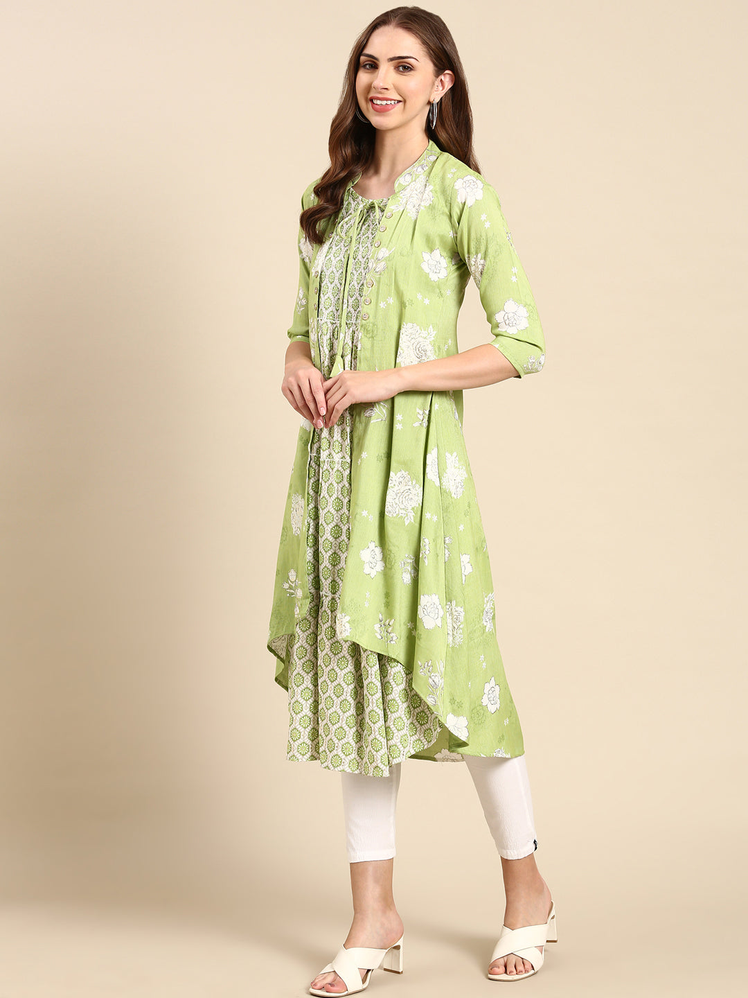 Women Mandarin Collar Printed Green Anarkali Kurta