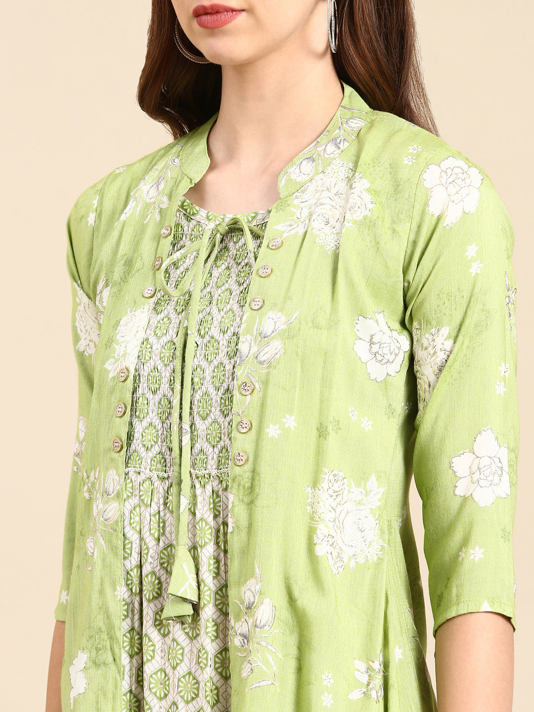 Women Mandarin Collar Printed Green Anarkali Kurta