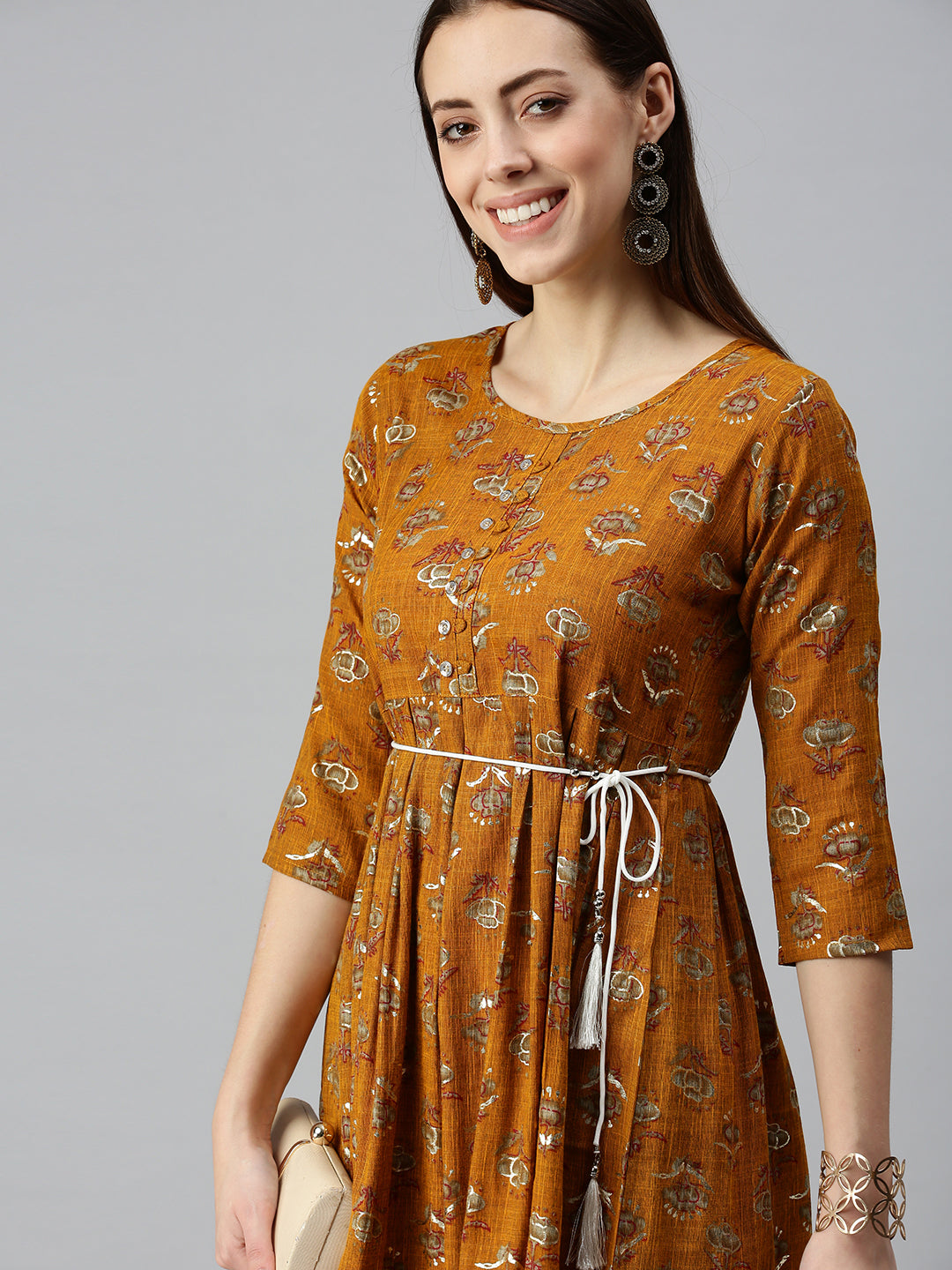 Women Printed Mustard A-Line Kurta