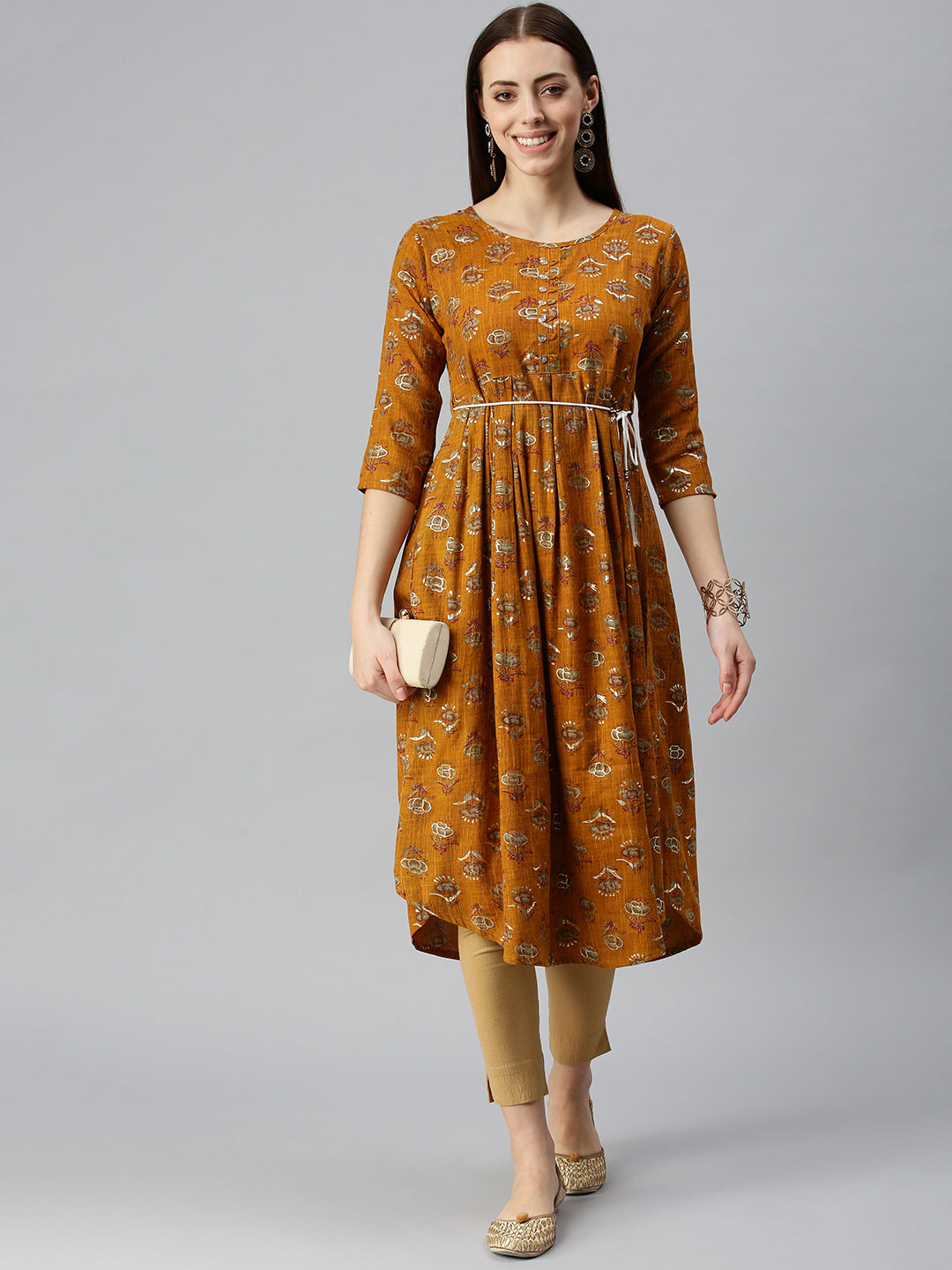 Women Printed Mustard A-Line Kurta