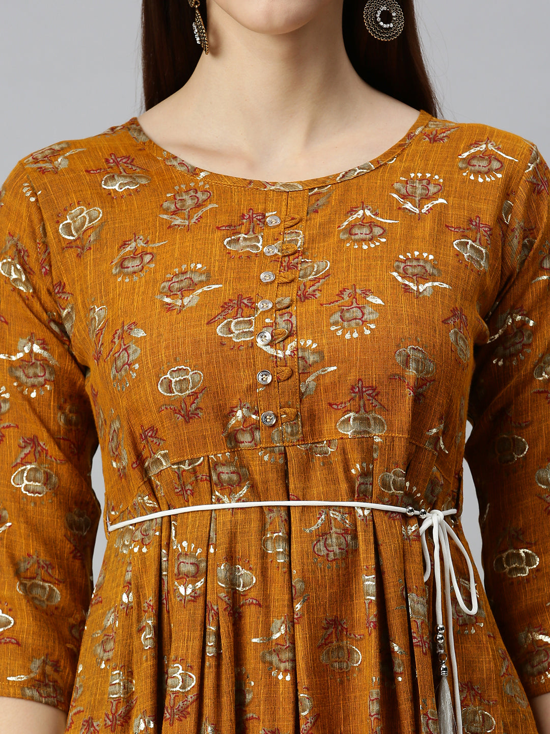 Women Printed Mustard A-Line Kurta