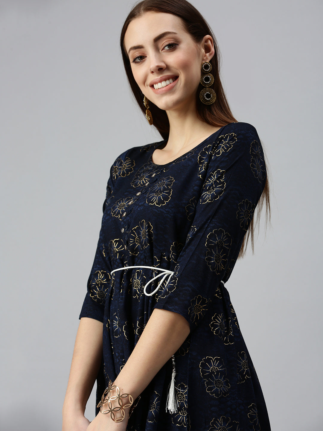 Women Printed Navy Blue A-Line Kurta