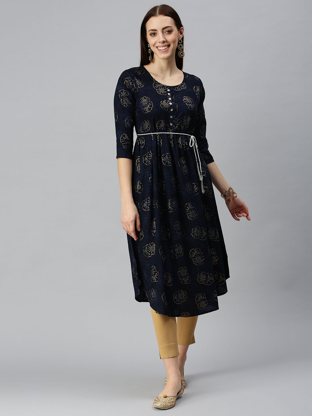 Women Printed Navy Blue A-Line Kurta