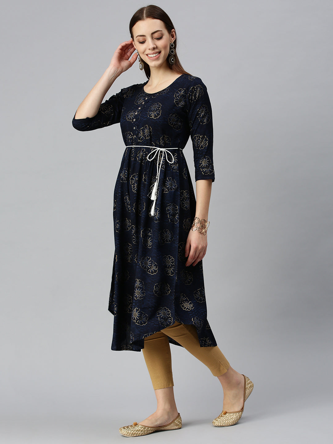 Women Printed Navy Blue A-Line Kurta