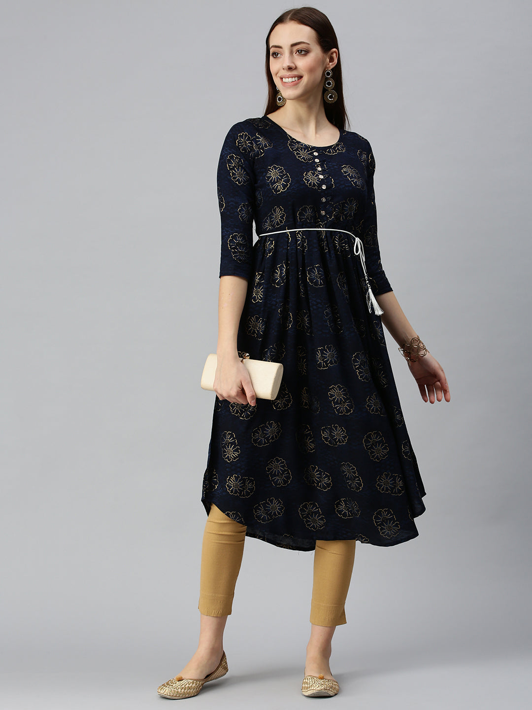 Women Printed Navy Blue A-Line Kurta