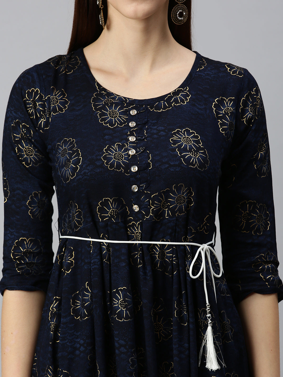 Women Printed Navy Blue A-Line Kurta