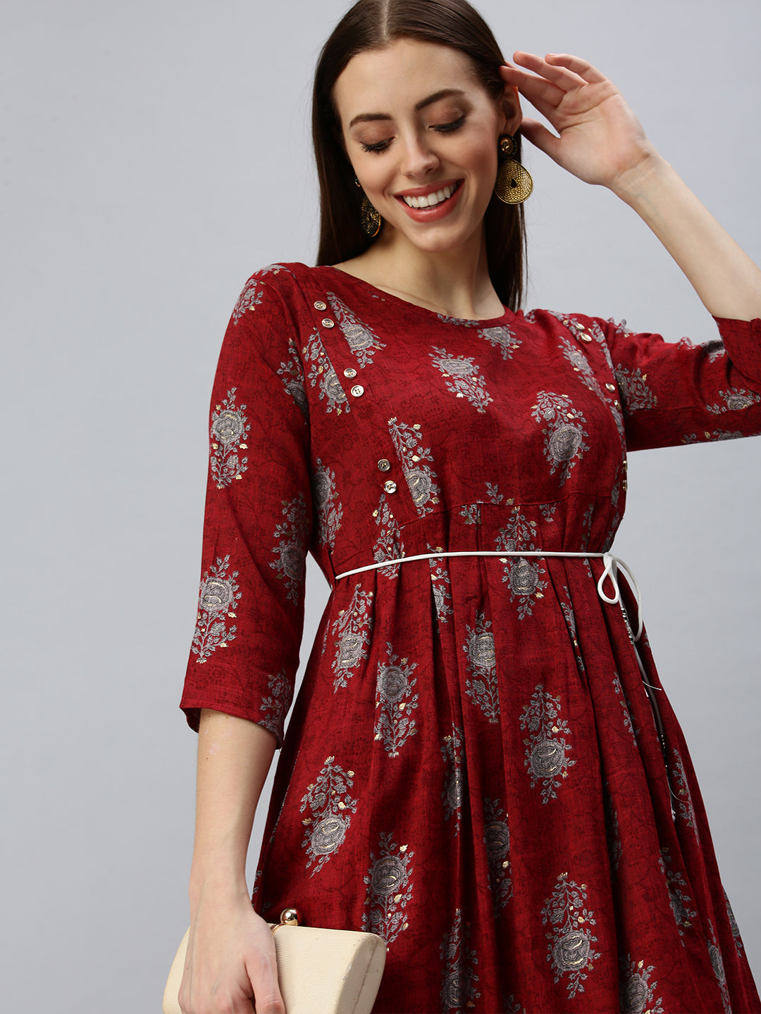 Women Printed Maroon A-Line Kurta