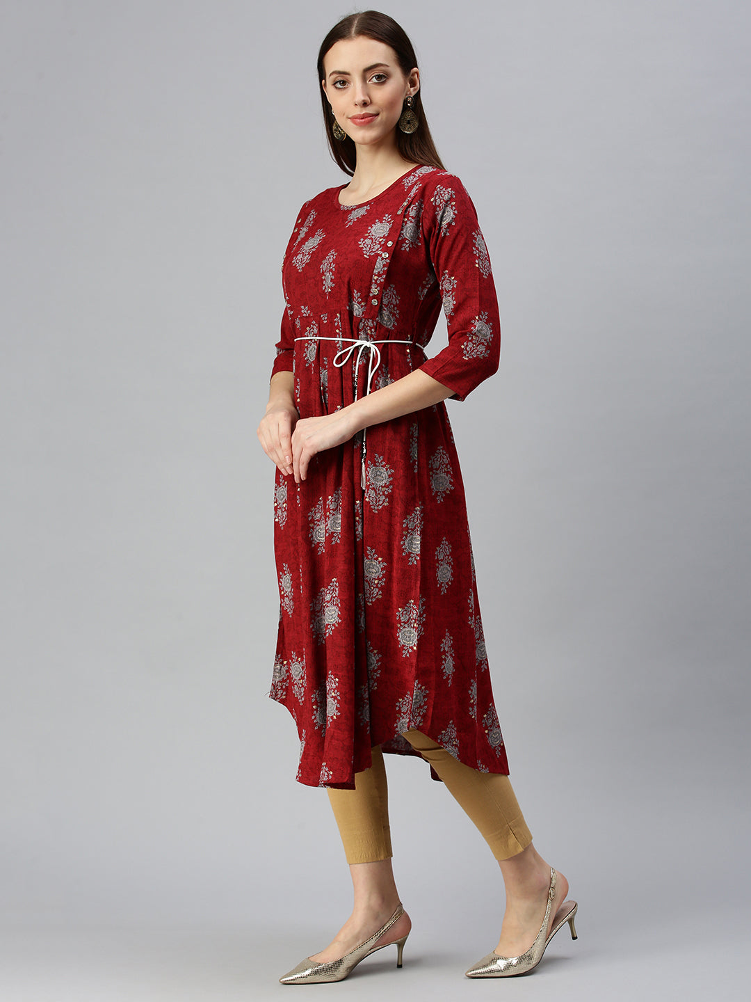 Women Printed Maroon A-Line Kurta