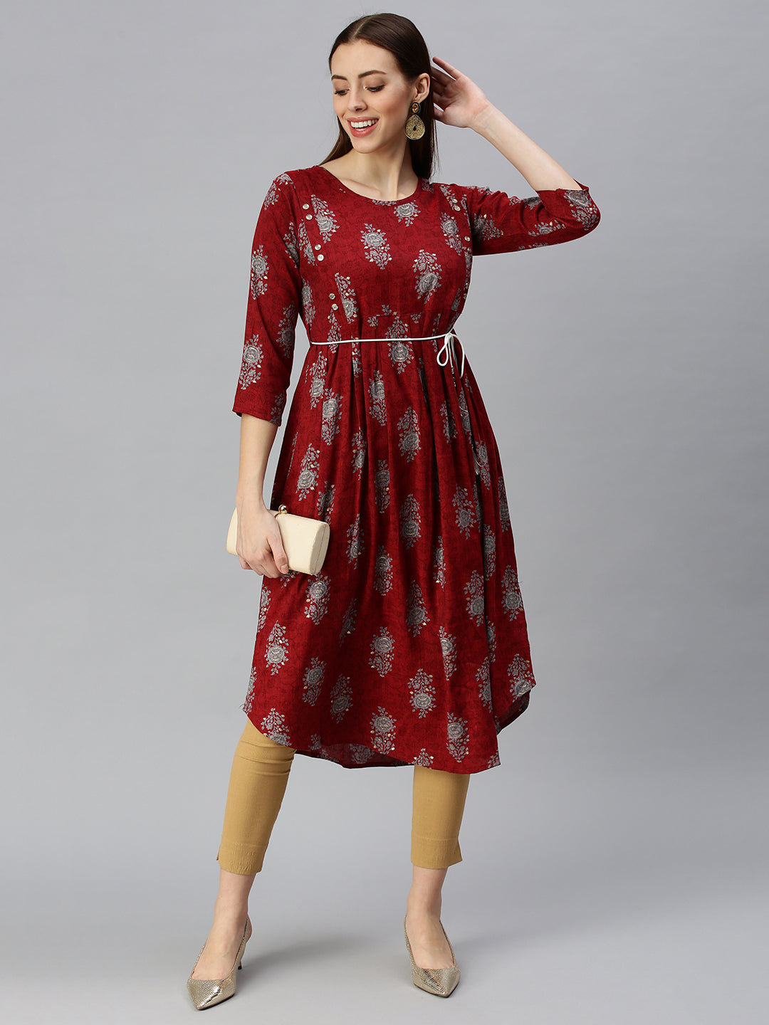 Women Printed Maroon A-Line Kurta