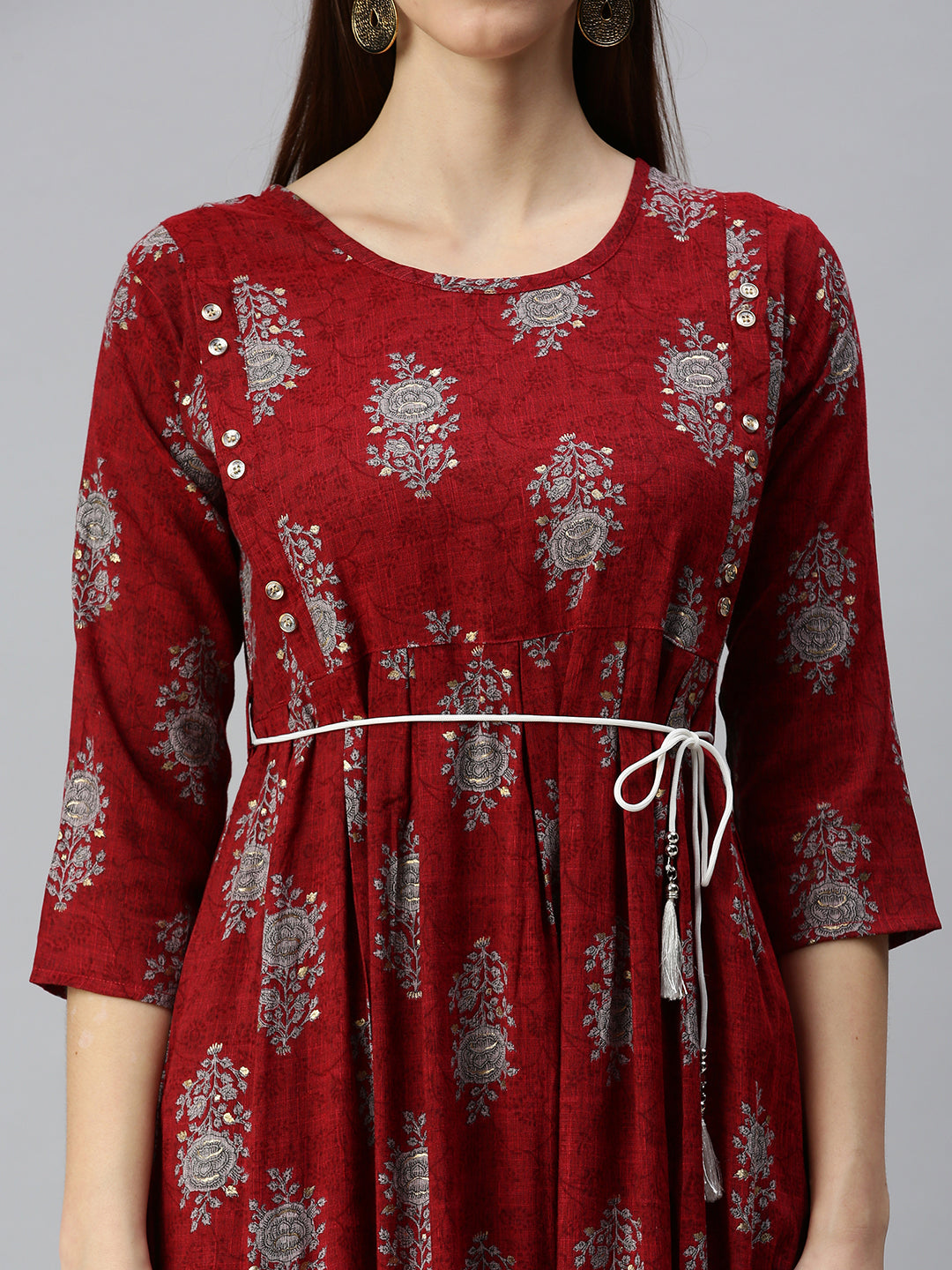 Women Printed Maroon A-Line Kurta