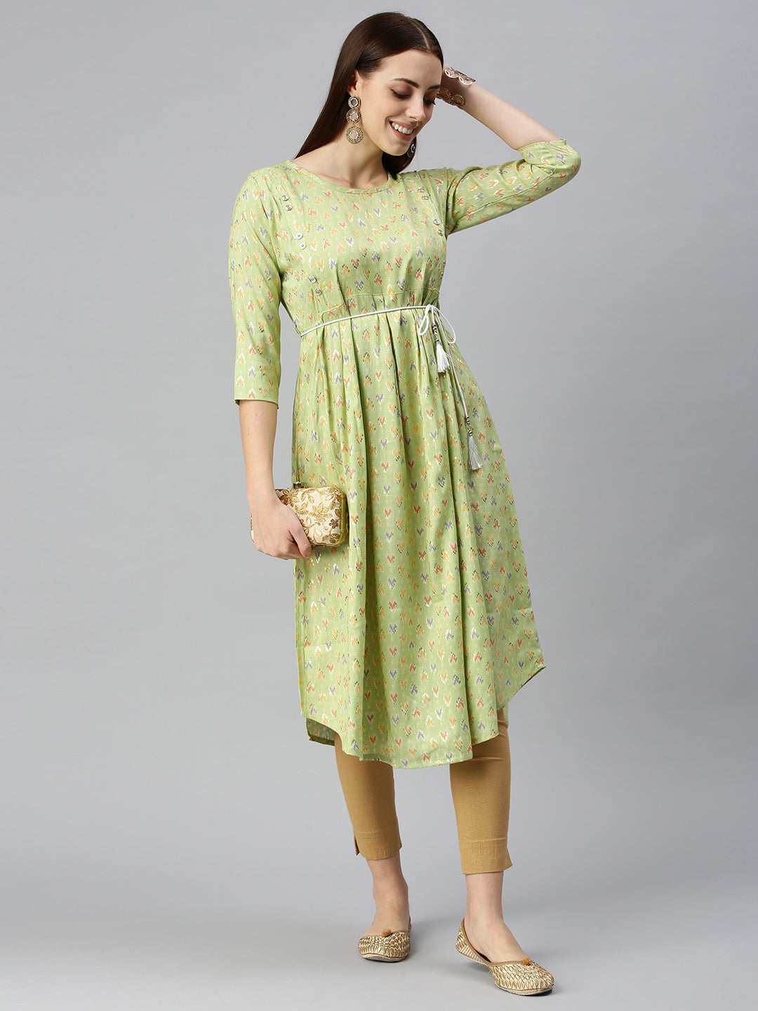 Women Printed Lime Green A-Line Kurta