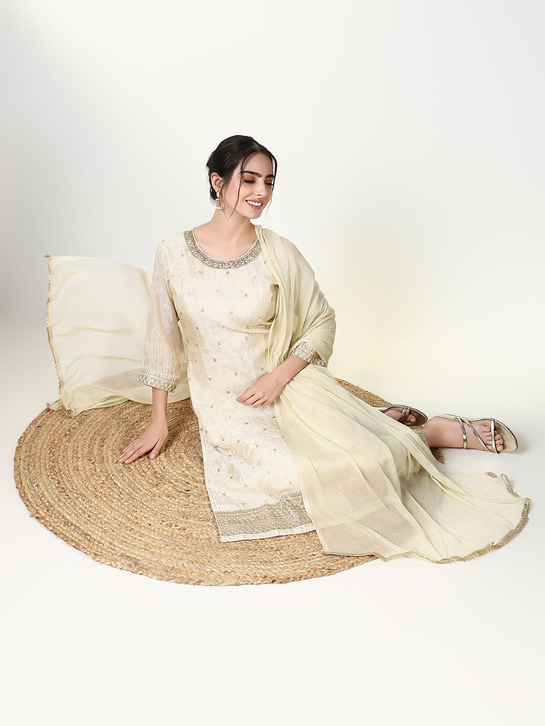 Women Floral Cream Straight Kurta Set with Dupatta