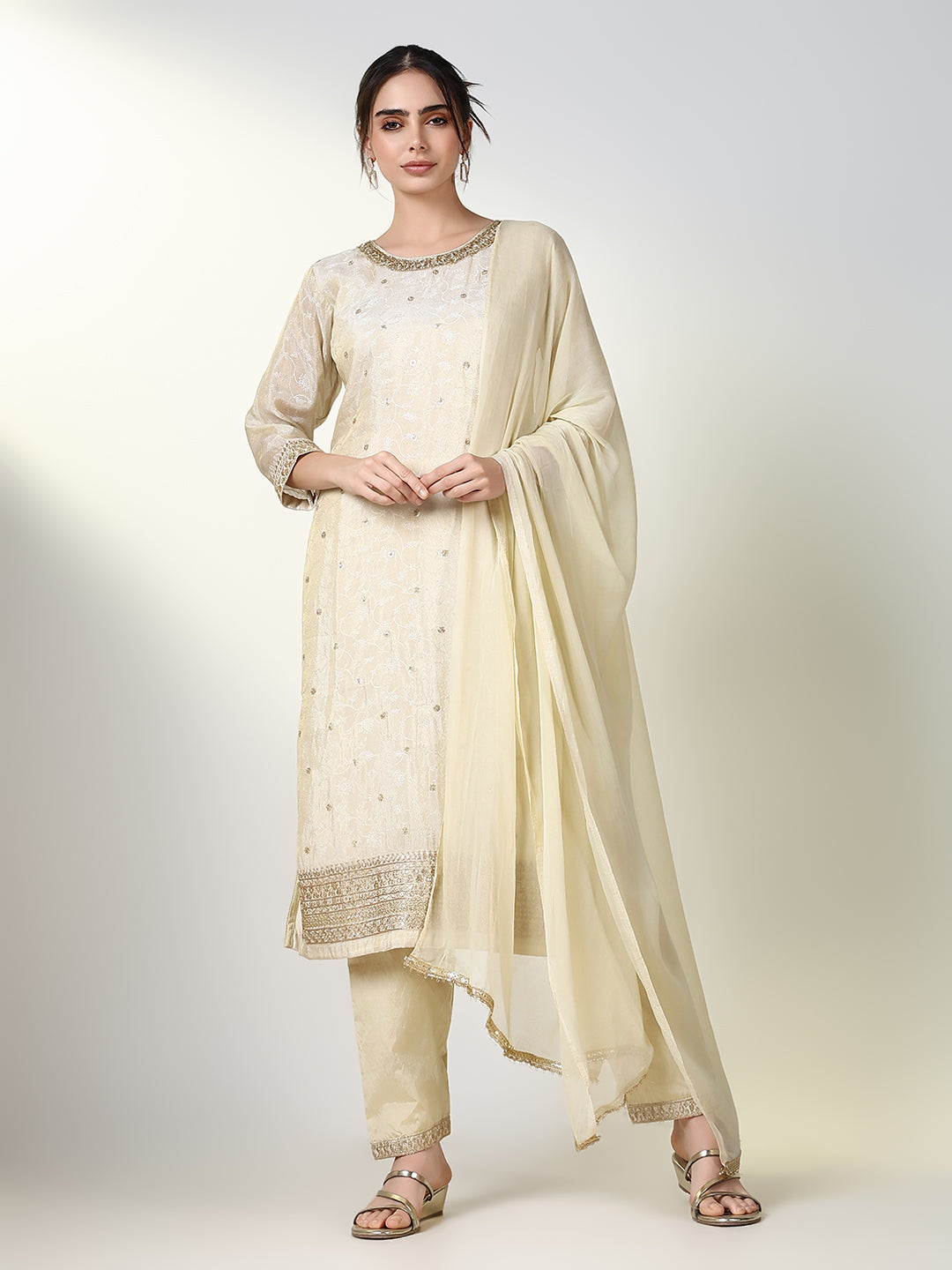 Women Floral Cream Straight Kurta Set with Dupatta