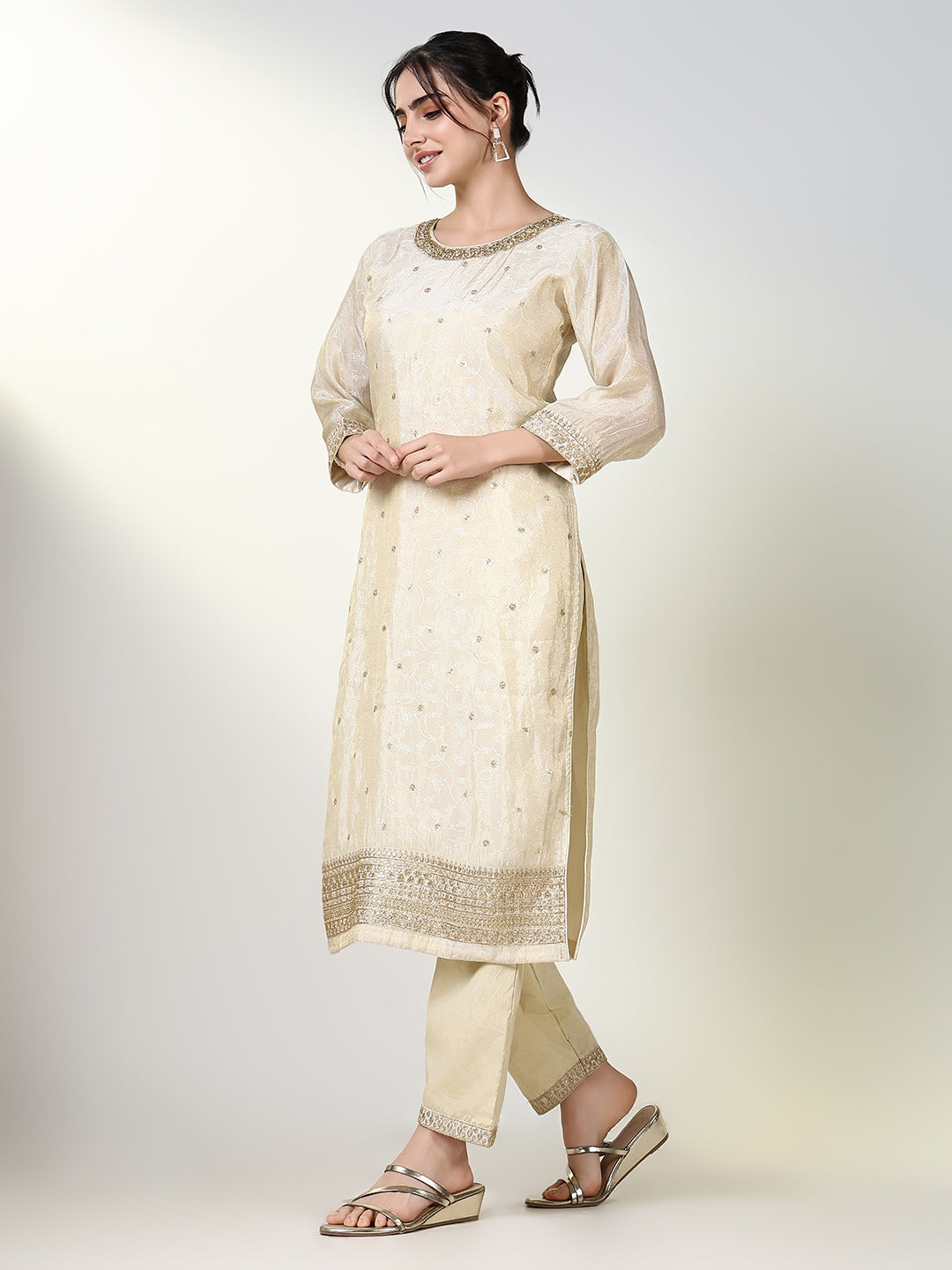 Women Floral Cream Straight Kurta Set with Dupatta