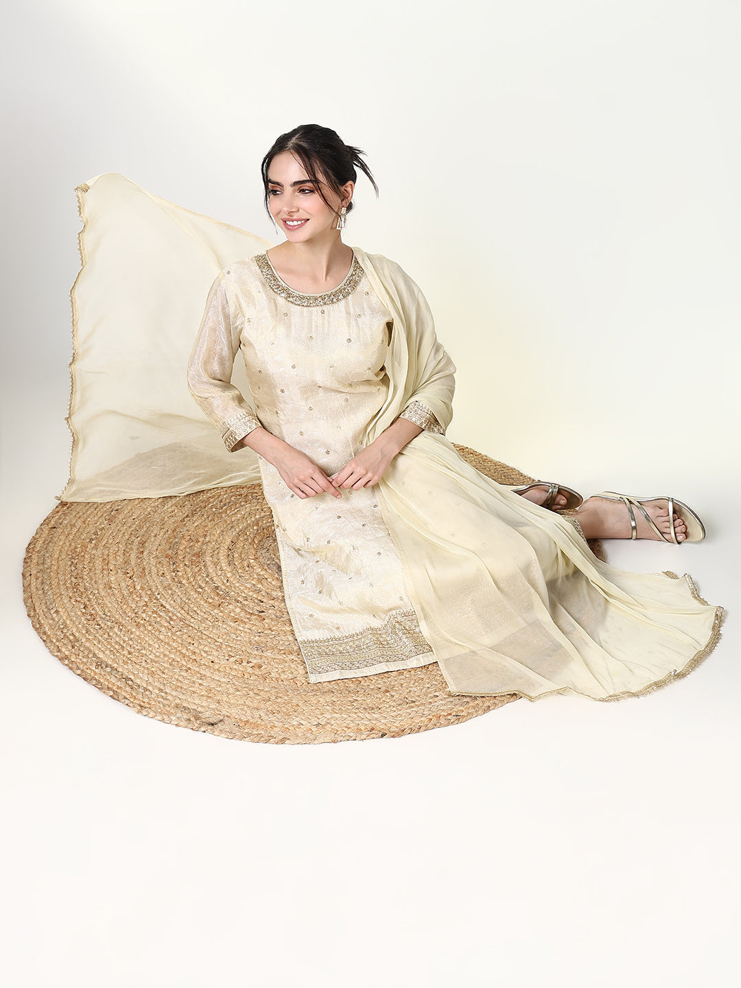 Women Floral Cream Straight Kurta Set with Dupatta