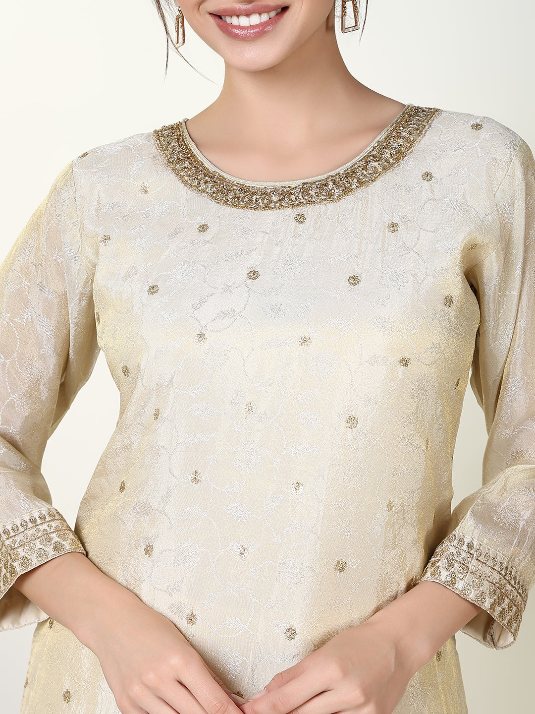 Women Floral Cream Straight Kurta Set with Dupatta